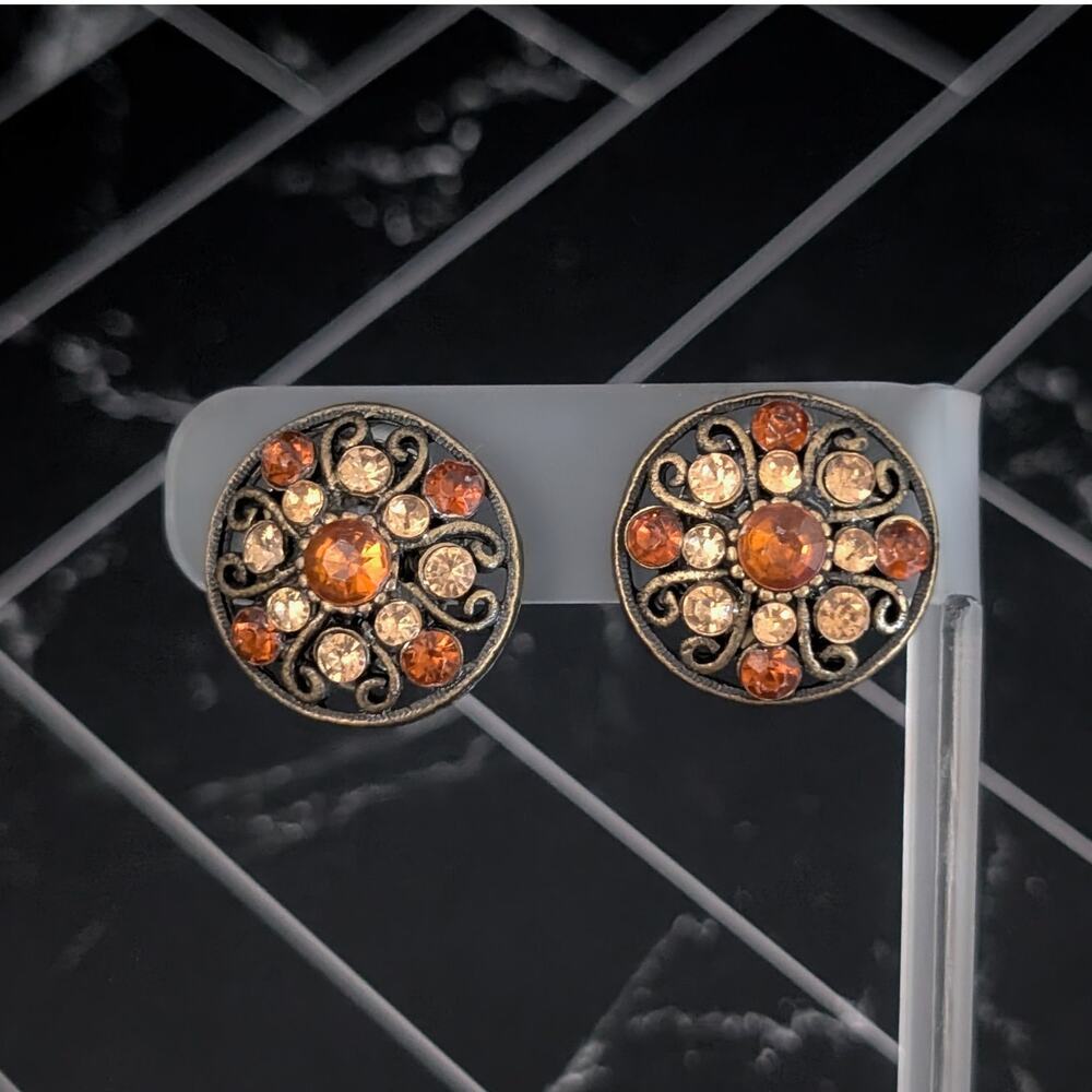 Vintage Clip On Earrings - Dark Bronze Tone with Shades of Orange Gems 7/8"